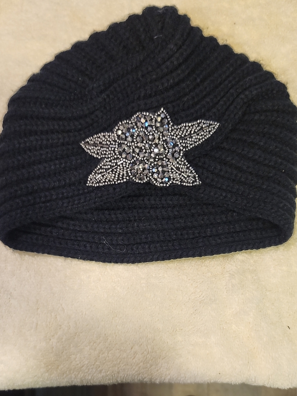 Embellished Black Knit Women's Beanie Hat